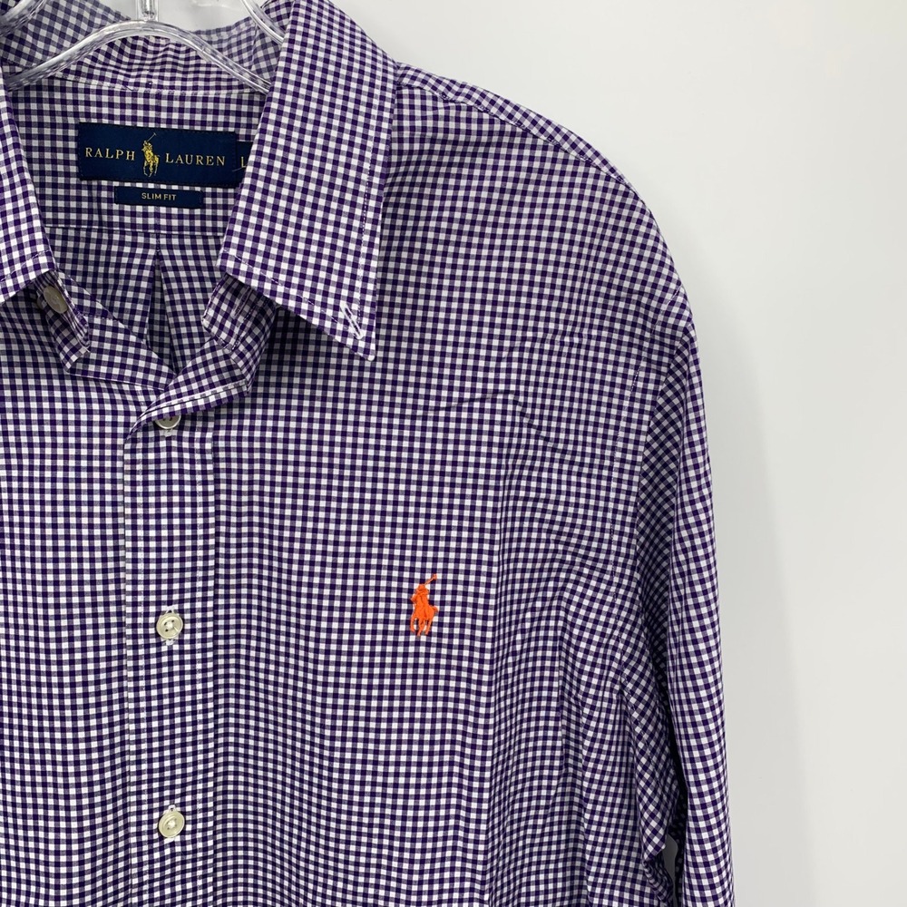 Ralph Lauren Shirt Mens L Purple White Gingham Slim Fit Long Sleeve Orange Pony